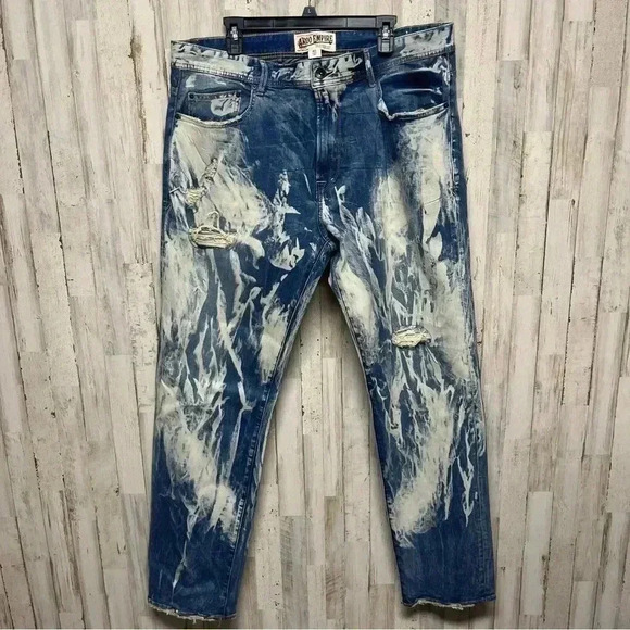 Akoo Empire Brand 40x33 Blue Acid Washed Paint Splatter Men's Baggy Jeans - Picture 1 of 14